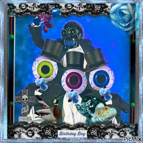a picmix made by Xavier. It is a picture of the eyeballs and Mr. Skull edited to be themed to tracks from Duck Stab. It is decorated with blue rosebuds, a stabbed duck, a gravestone, a lady with a lizard face, and lightning.